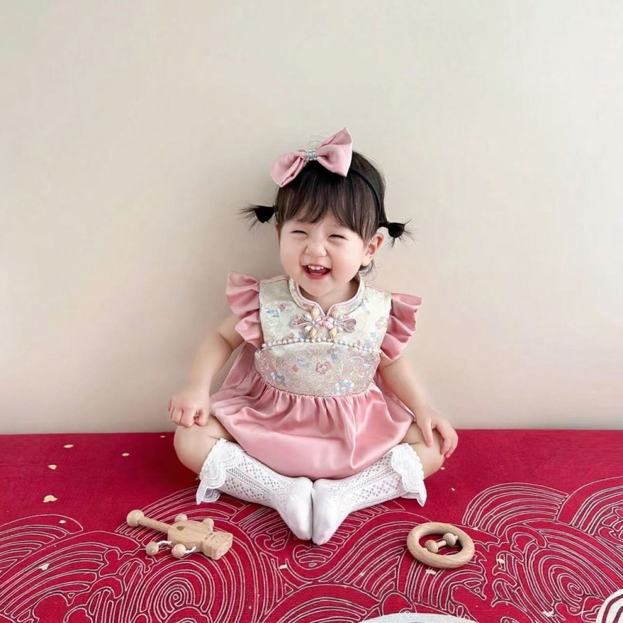 y1172 - CNY Premium Embroidered Romper Dress + Headband + Socks Set - Image 1