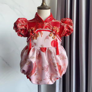 y1207 - CNY Premium Red Puff Sleeves Romper
