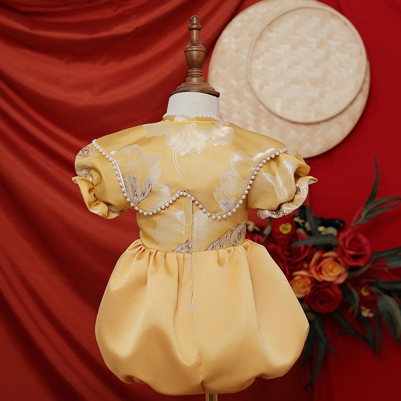 y1209 - CNY Premium Yellow Peony Romper With Shawl - Image 4