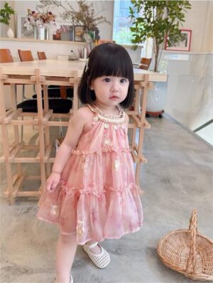 y1193 - Halter Neck Pink Floral Princess Dress