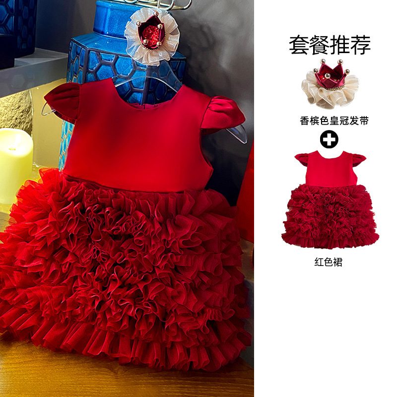 y1196 - CNY Premium Pink & Red Tutu Dress With Crown Headband - 图片 3