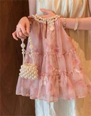 y1193 - Halter Neck Pink Floral Princess Dress - 图片 4