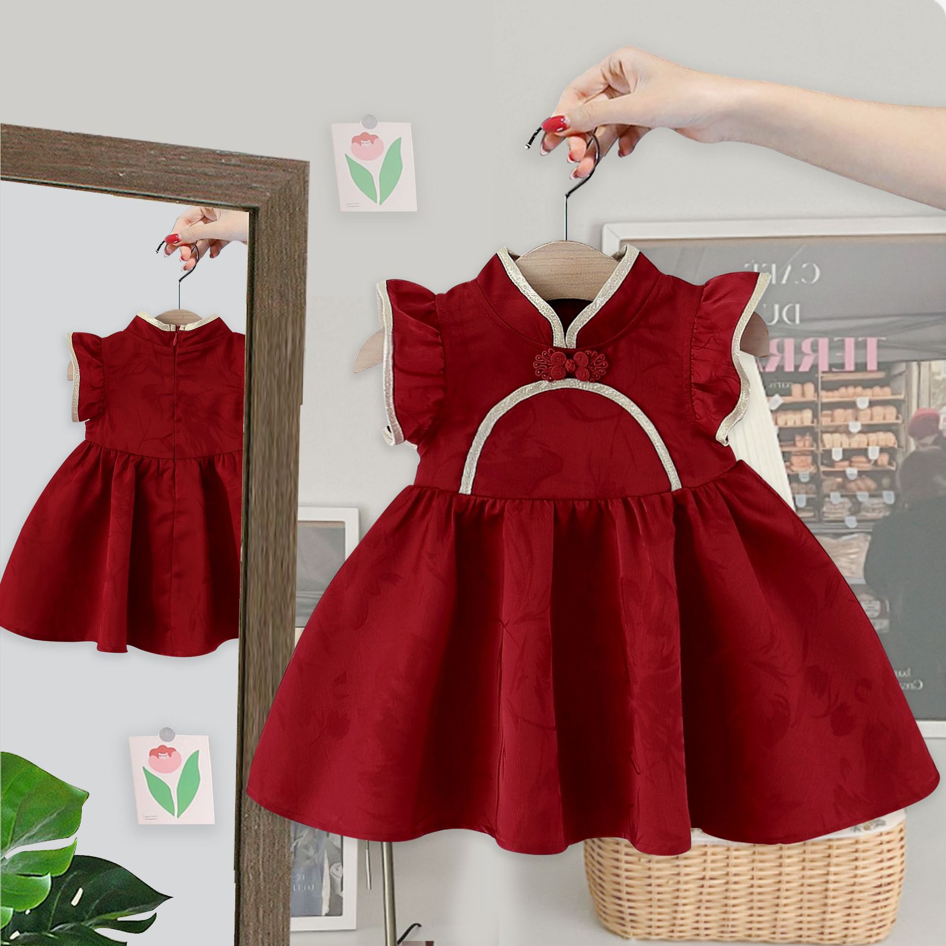 y1153 - CNY Flying Sleeves Red Dress - 图片 1