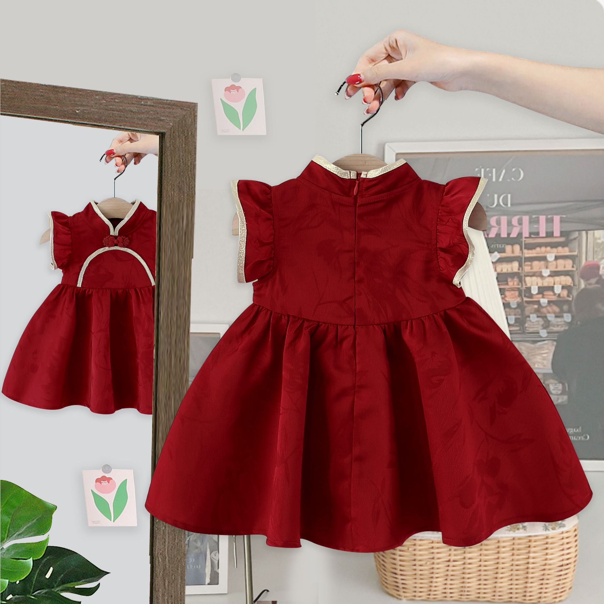 y1153 - CNY Flying Sleeves Red Dress - 图片 3