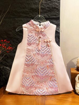 y1199 - CNY Premium Pink & Red Cheongsam Dress With Hair Clip - Image 4