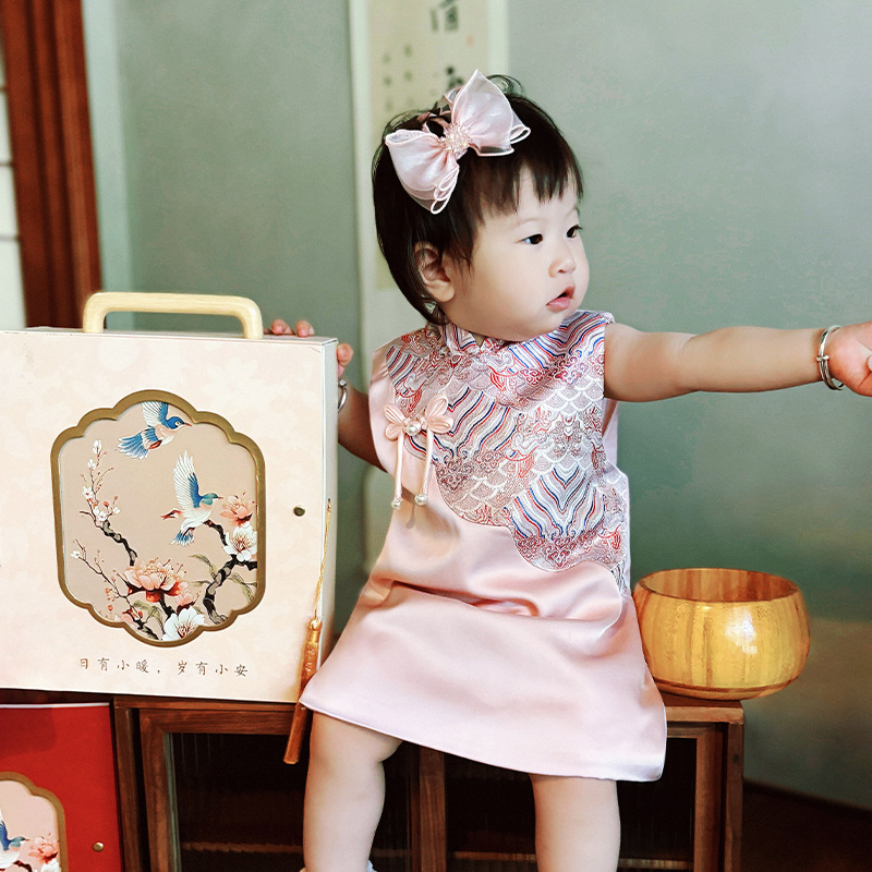 y1201 - CNY Premium Pink & Red Wave Cloud Cheongsam Dress - Image 1