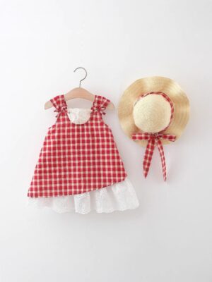 y1187 - Red Plaid Lace Dress With Hat - 图片 7