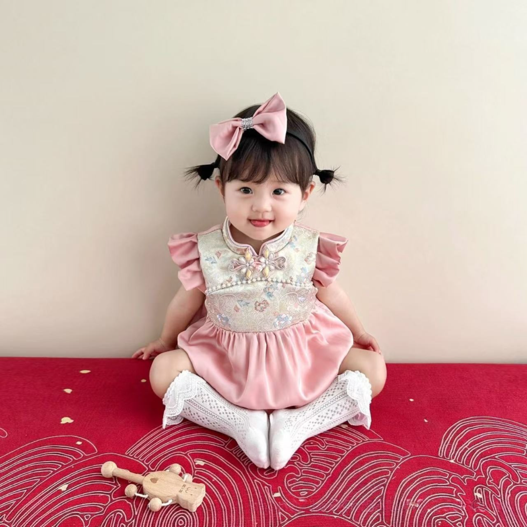 y1172 - CNY Premium Embroidered Romper Dress + Headband + Socks Set - Image 2