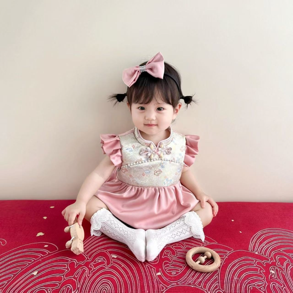 y1172 - CNY Premium Embroidered Romper Dress + Headband + Socks Set - Image 3