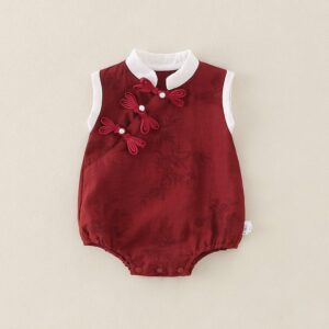 y1322 - CNY Red Bamboo Plum Bossom Sleeveless Romper - 图片 2