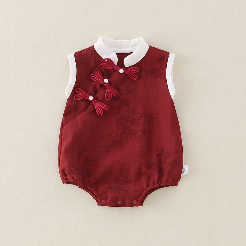 y1322 - CNY Red Bamboo Plum Bossom Sleeveless Romper - 图片 2