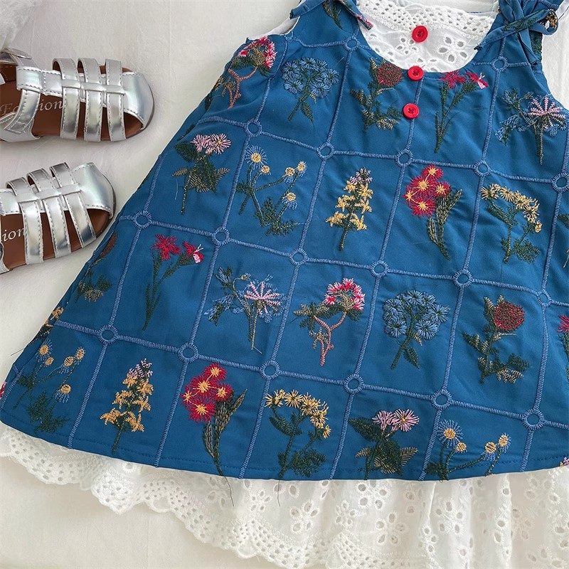y1225 - Embroidery Flowers Lace Blue Dress - Image 4