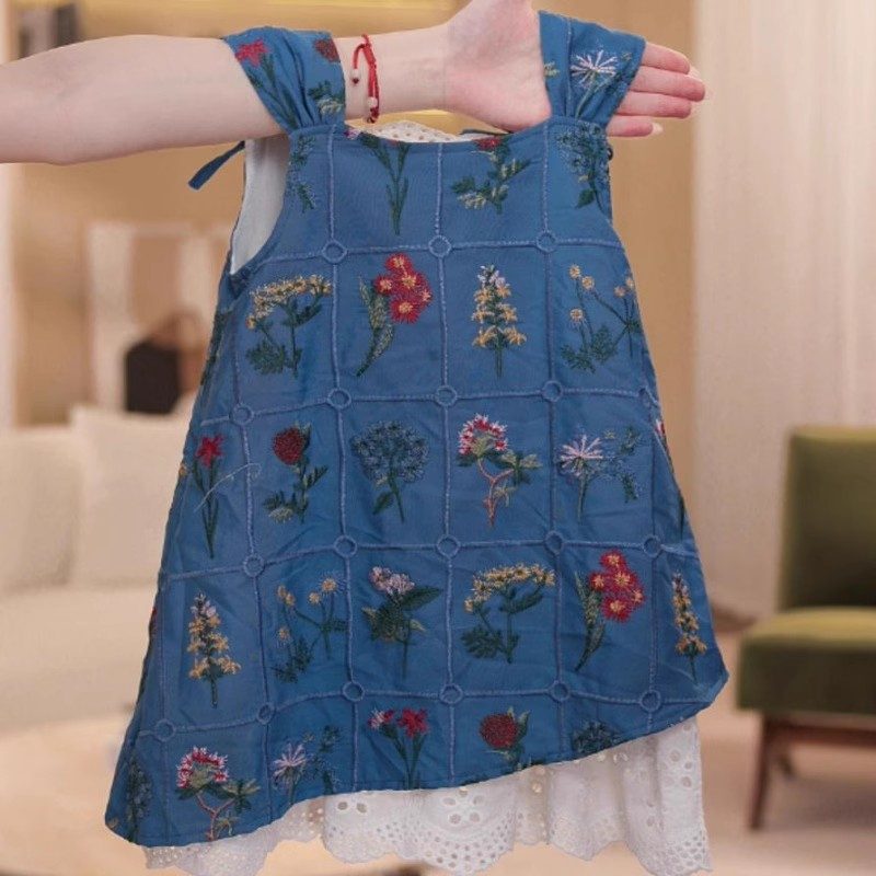 y1225 - Embroidery Flowers Lace Blue Dress - Image 3