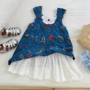 y1225 - Embroidery Flowers Lace Blue Dress - Image 1