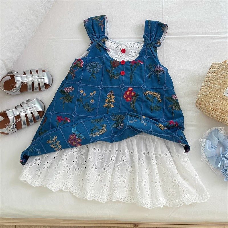 y1225 - Embroidery Flowers Lace Blue Dress - Image 1