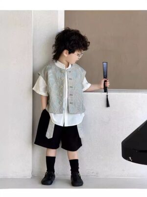 y1304 - CNY Blue Embroidered Vest 3 in 1 suit - 图片 5