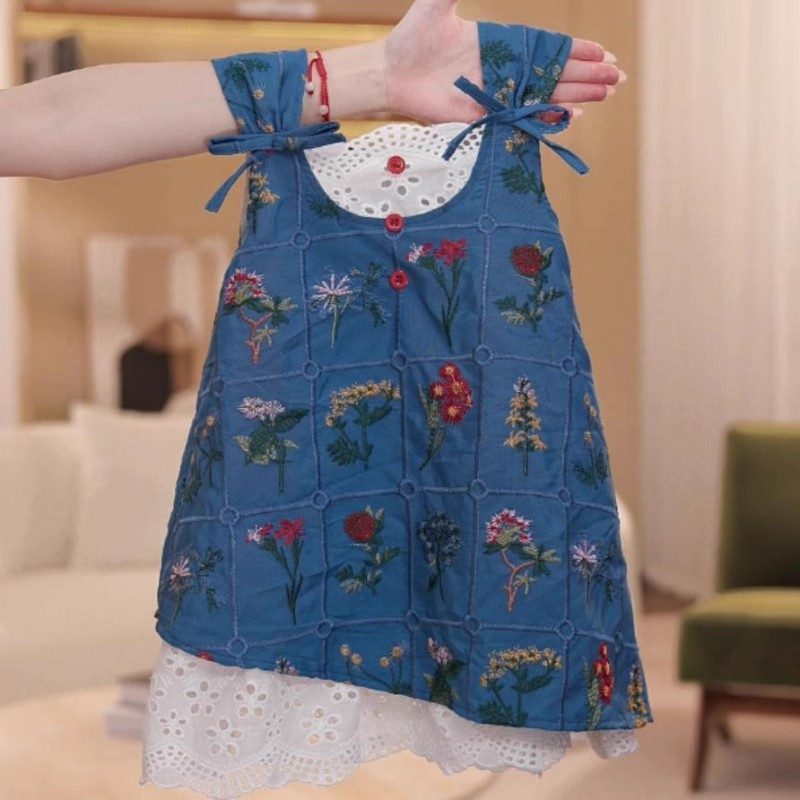 y1225 - Embroidery Flowers Lace Blue Dress - Image 2
