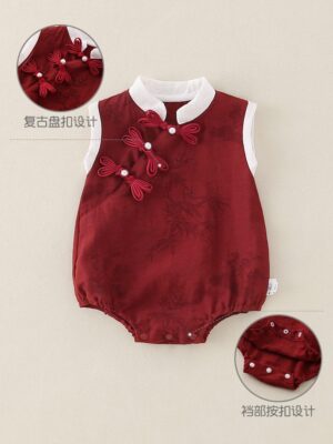 y1322 - CNY Red Bamboo Plum Bossom Sleeveless Romper - 图片 3