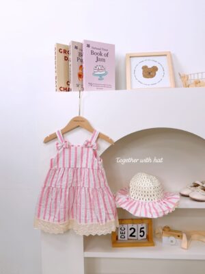 y1357 - Pink Blue Stripe Dress With Hat