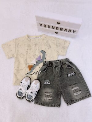 y1384 - 3D Dinosaur Short Jean set - 图片 1