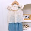 y1391 - Lace Ruffle Collar Denim Short Pant Set - 图片 3