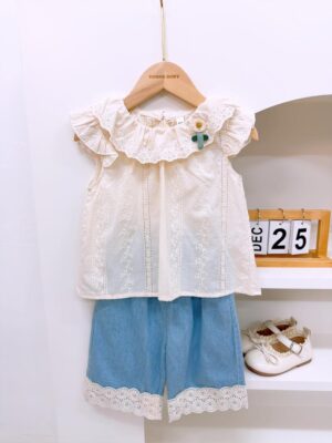 y1391 - Lace Ruffle Collar Denim Short Pant Set - 图片 3