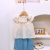 y1391 - Lace Ruffle Collar Denim Short Pant Set - 图片 1