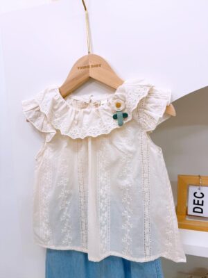 y1391 - Lace Ruffle Collar Denim Short Pant Set - 图片 4
