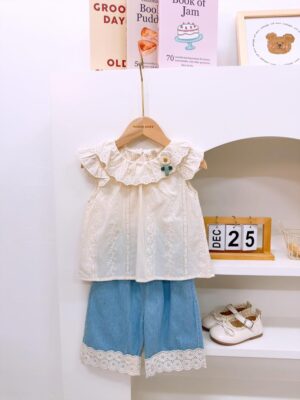 y1391 - Lace Ruffle Collar Denim Short Pant Set