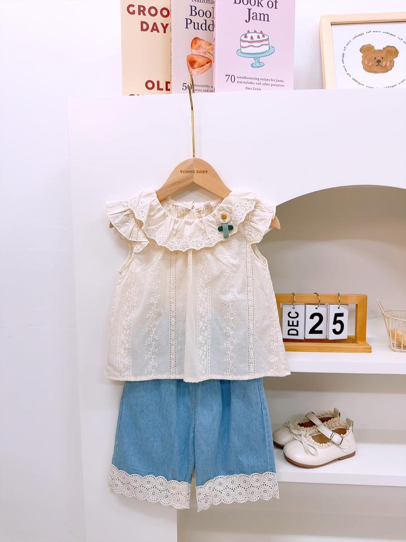 y1391 - Lace Ruffle Collar Denim Short Pant Set