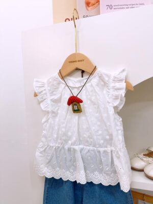 y1392 - Floral Lace Denim Short Pant Set - 图片 3