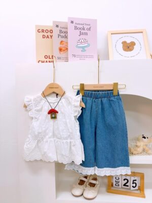 y1392 - Floral Lace Denim Short Pant Set - 图片 1