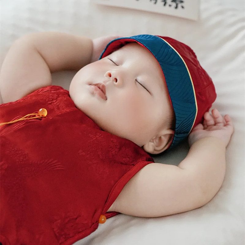 y1411 - CNY Red Vest Blue Short Pant With Hat - 图片 6