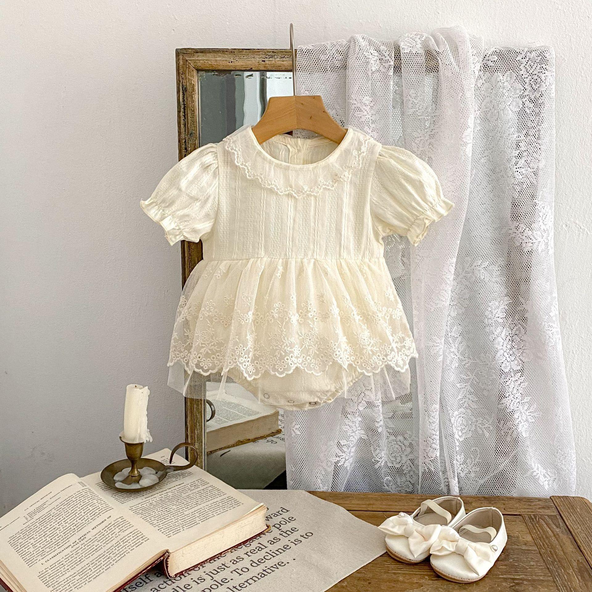 y1338 - Beige Lace Flowers Romper - 图片 3