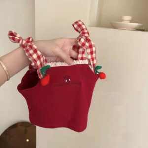 y1332 - Girl Red Plaid Cherry Camisole Ribbon Short Pants Set (Without Bag) - 图片 3