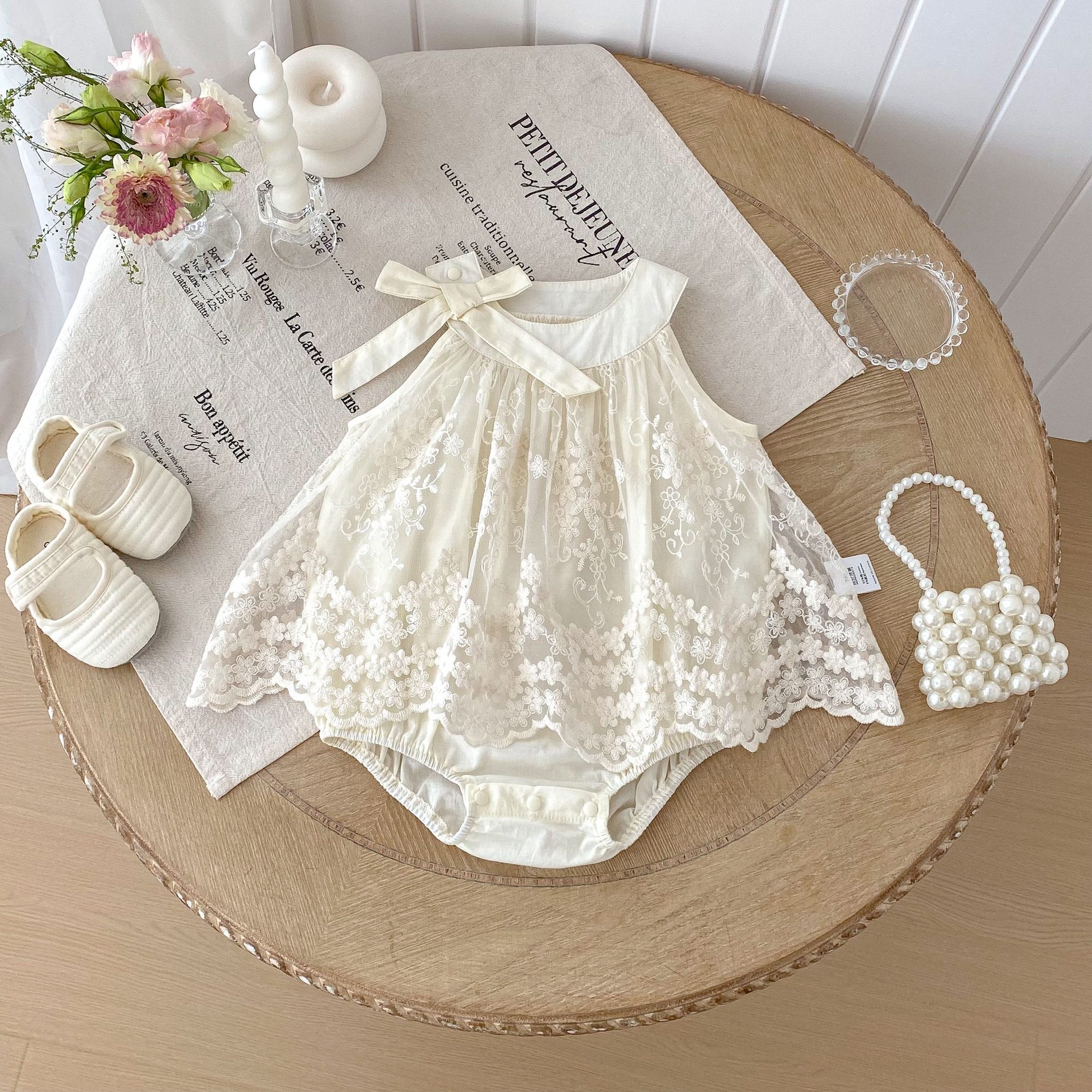 y1344 - Apricot Halter Neck Ribbon Lace Romper - 图片 1