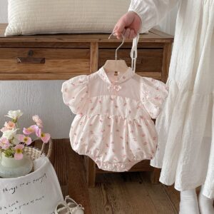y1414 - CNY Red Floral Puff Sleeves Romper - 图片 2