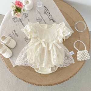 y1343 - Apricot Lace Ribbon Puff Sleeves Romper - 图片 3