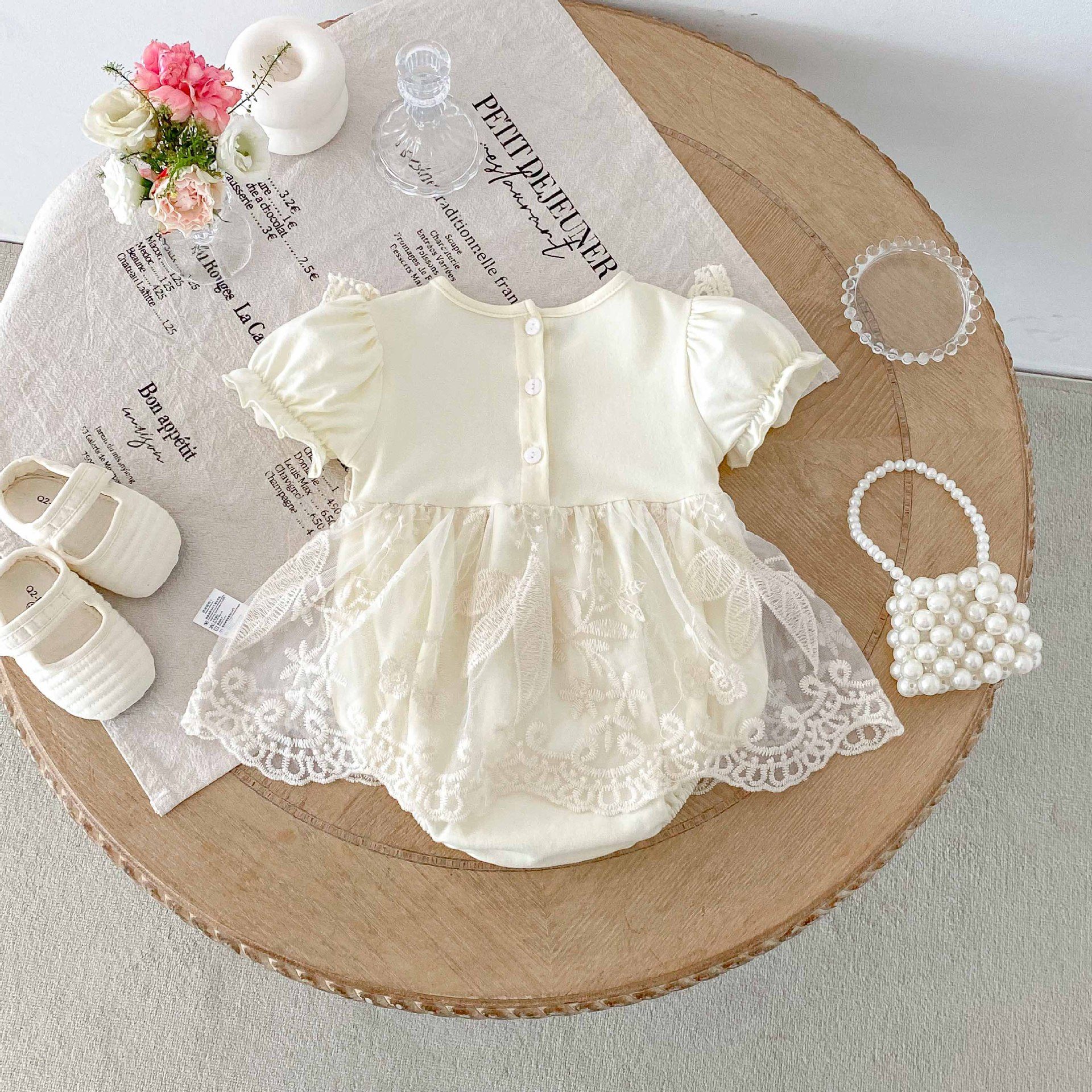 y1343 - Apricot Lace Ribbon Puff Sleeves Romper - 图片 4