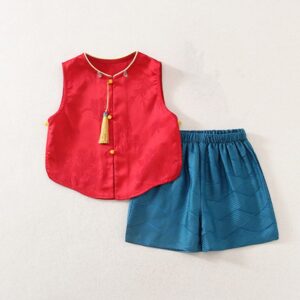 y1411 - CNY Red Vest Blue Short Pant With Hat - 图片 3