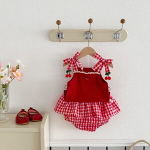 y1331 - Baby Girl Red Plaid Cherry Camisole Ribbon Set - 图片 4