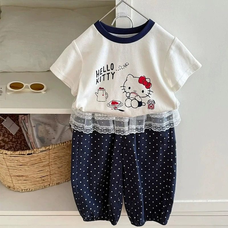 y1491 - Kitty Lace Polka Dots Long Pants Set - Image 1
