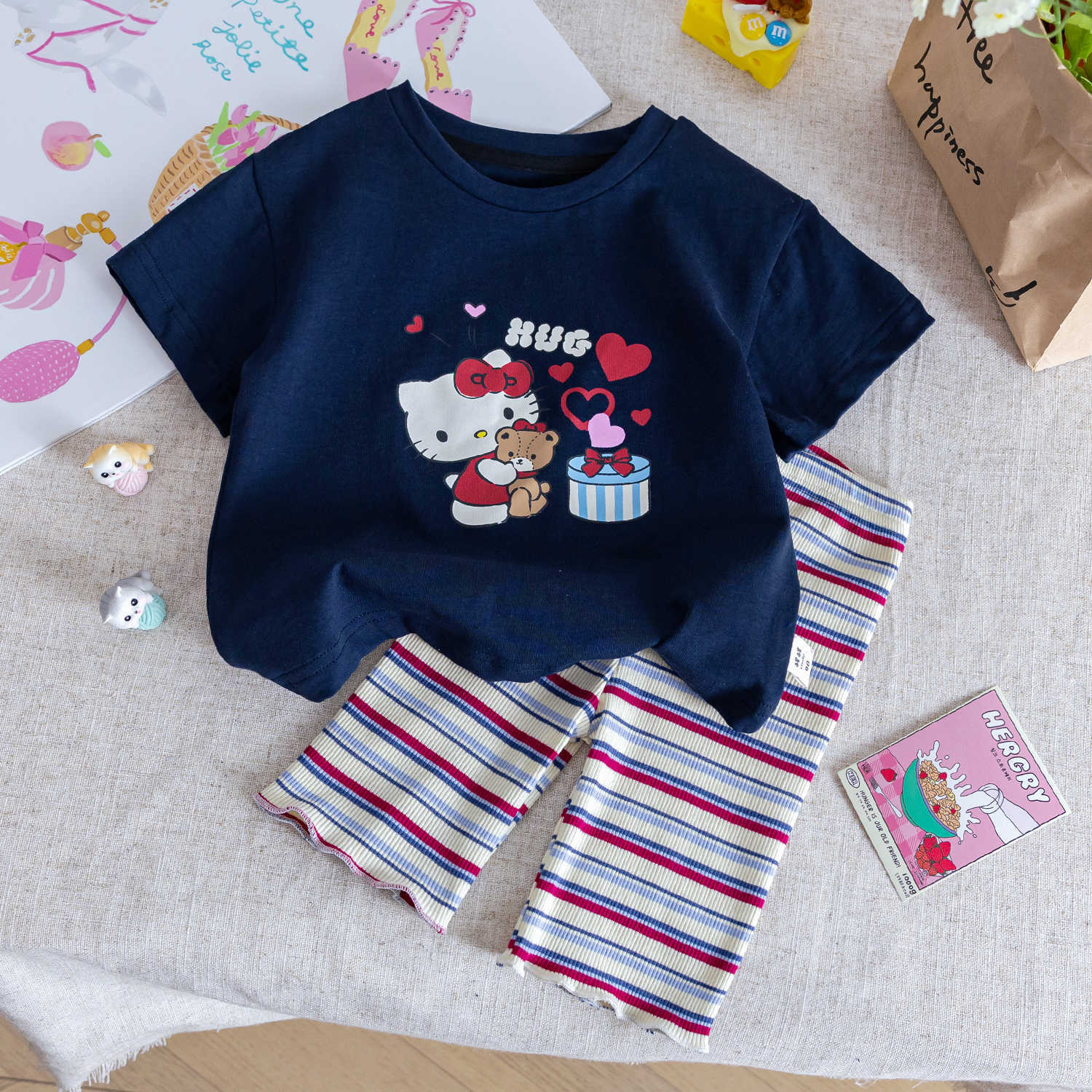 y1492 - Kitty Hug Bear Stripe Pants Set - Image 1