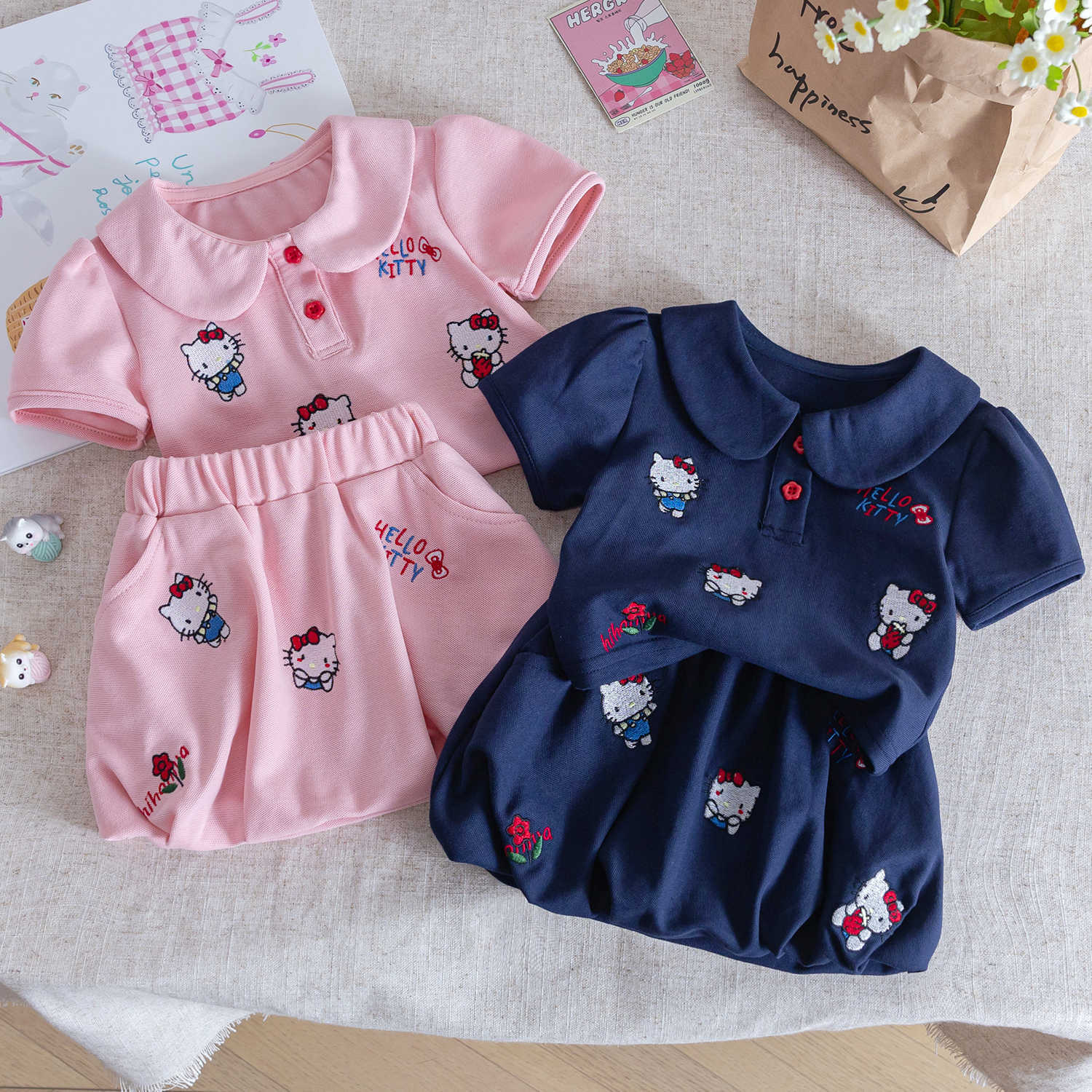 y1493 - Pink & Dark Blue Kitty Doll Collar Set - 图片 1