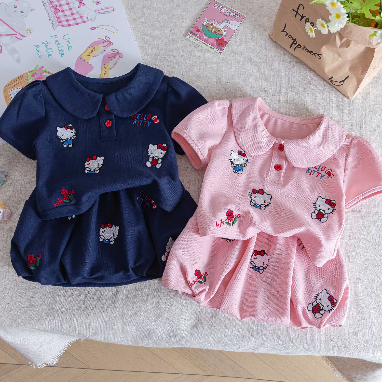 y1493 - Pink & Dark Blue Kitty Doll Collar Set - 图片 2