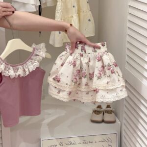 y1495 - Lace Lotus Collar Vest Rose Skirt Set - 图片 6