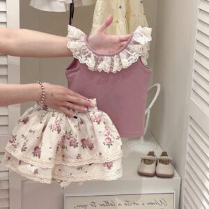 y1495 - Lace Lotus Collar Vest Rose Skirt Set - 图片 3