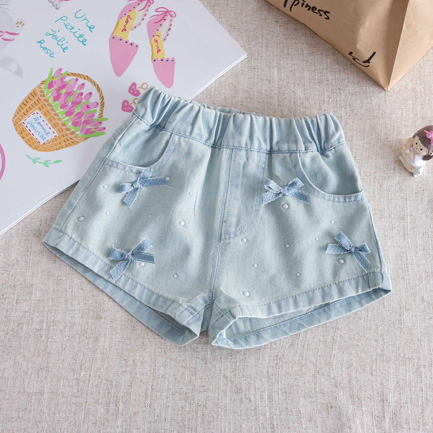 y1497 - Blue Ribbon Denim Short Pants - 图片 1