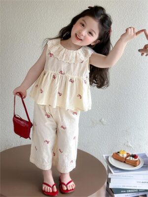 y1488 - Lotus Collar Ribbon Long Pant Set - 图片 1