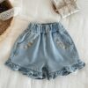 y1533 - Mini Flower Denim Short Pants - 图片 1